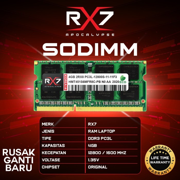 MEMORY RAM LAPTOP RX7 DDR3L 4GB 12800 Mhz 1.35V GARANSI LIFETIME WARRANTY