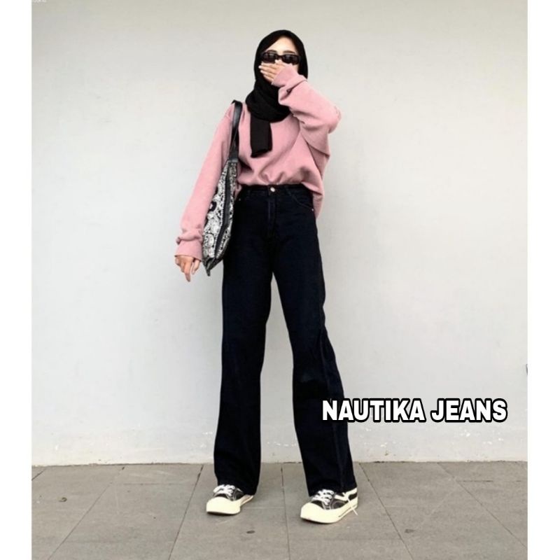 Celana kulot highwaist jeans wanita loose black