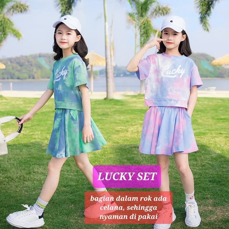 LUCKY SET BAJU SETELAN ANAK REMAJA CEWEK FASHION SPORT CASUAL TIE DYE ALA KOREA SPORTY GOLF