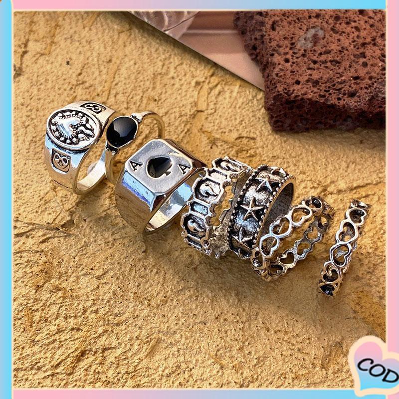 COD❤️ 7 PCS Cincin Set Retro Pria Dan Wanita Vintage Kreatif Fashion Perhiasan Temperamen Suasana Sederhana