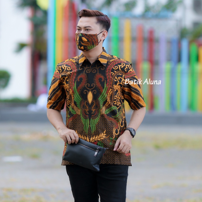 Batik Pria Lengan Pendek Premium Modern Reguler Baju Kemeja Atasan Batik Seragam Pria Laki Laki Cowok Full Furing Koko Kombinasi Lengan Pendek Slim Fit full Puring Kekinian BATIK ALUNA S M L XL XXL XXXL