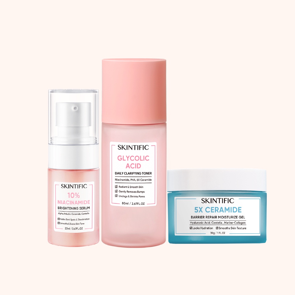 SKINTIFIC 3PCS Paket Skincare Glowing Set with 5X Ceramide Barrier Repair Moisturizer Gel+Niacinamide Brightening Serum+Glycolic Acid Daily Clarifying Toner 【BPOM】