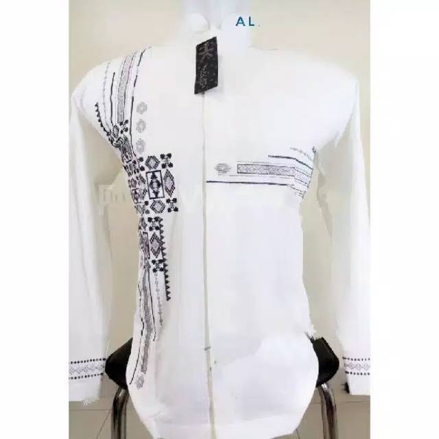 Baju Koko Dewasa Motif Batik Bordir Lengan Panjang Pendek Bahan Poly Katun Export Warna Putih