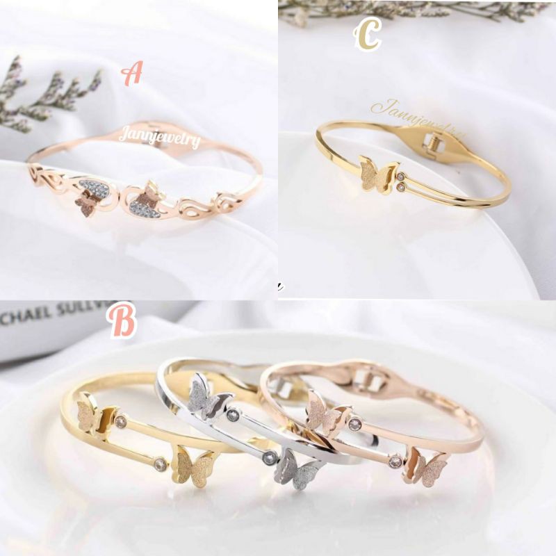 Gelang Bangle Titanium Asli Anti Karat &amp; Alergi Butterfly Kupu-Kupu