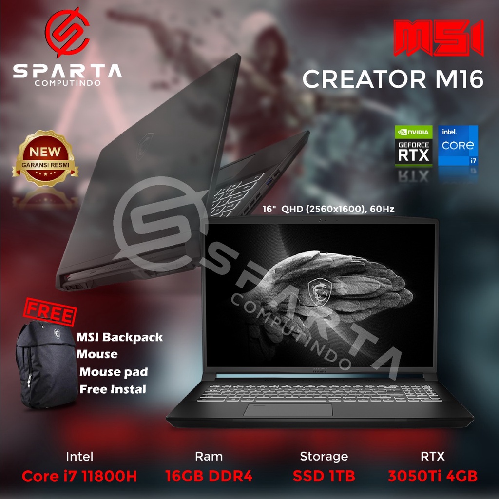 LAPTOP GAMING MSI Creator M16 Core i7 Gen 11 Ram 16GB SSD 1TB RTX3050Ti 4GB