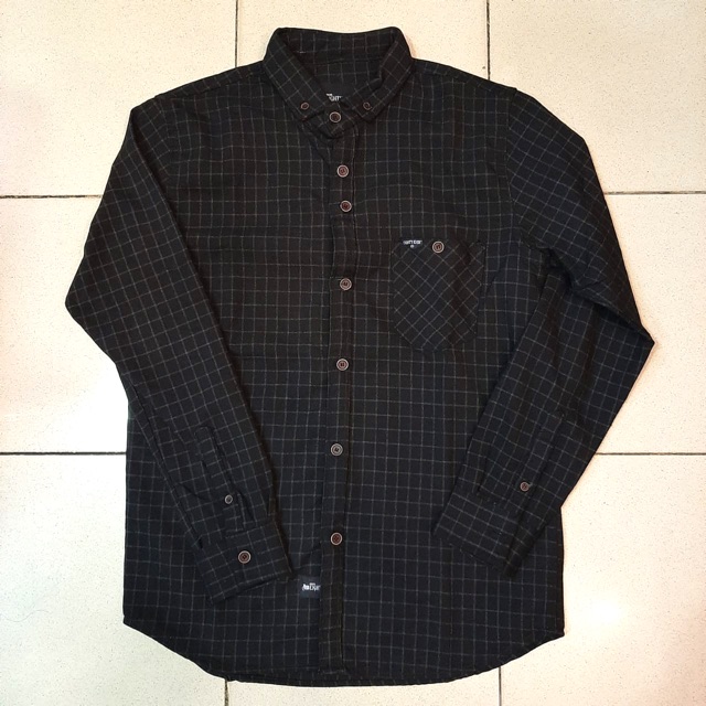 Kemeja Kaos Kerah Lengan Panjang Motif Kotak Flanel - Hitam