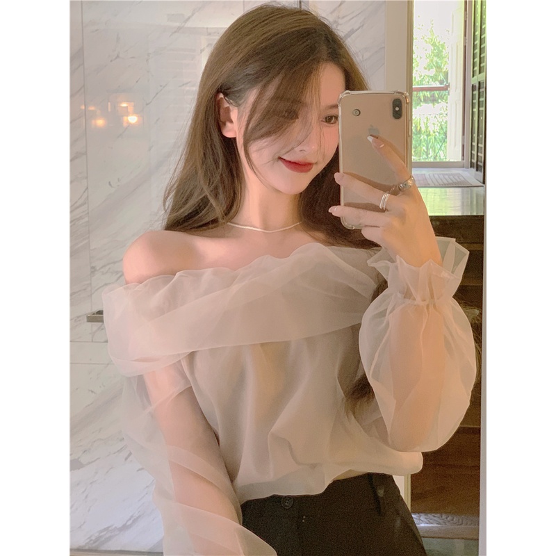 blouse korea kemej off-the-shoulder one-shoulder jahitan mesh kemeja lengan panjang french shirt top