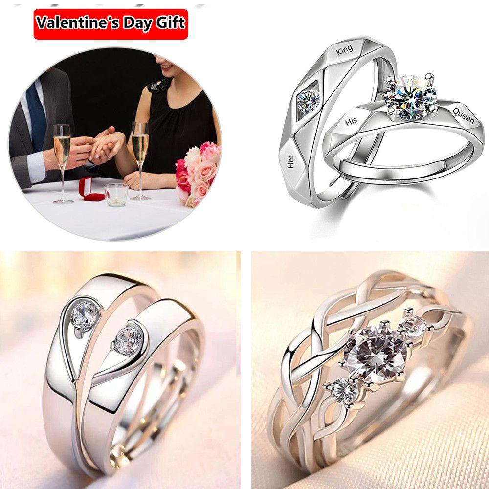 Solighter 1pasang Cincin Couple Hari Valentine King Queen Adjustable Berbentuk Hati