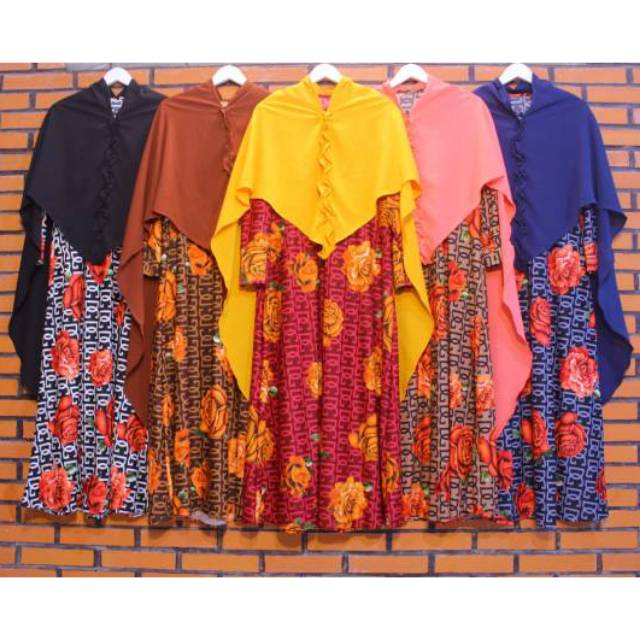 Gamis syar'i bunga set khimar pinguin/gamis set jilbab/gamis motif bunga set jilbab busui