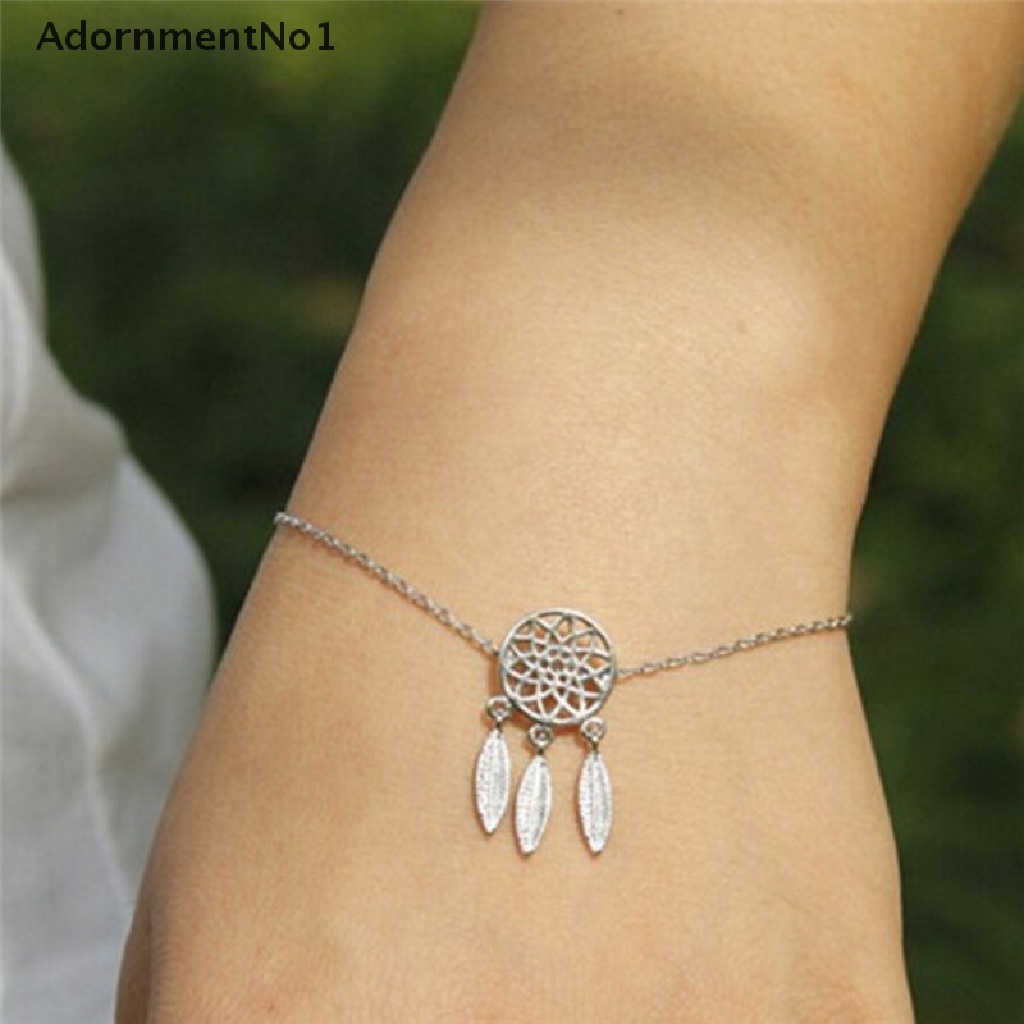 (AdornmentNo1) Gelang Tangan Rantai Aksen Dream Catcher + Rumbai Bulu Untuk Perhiasan Wanita