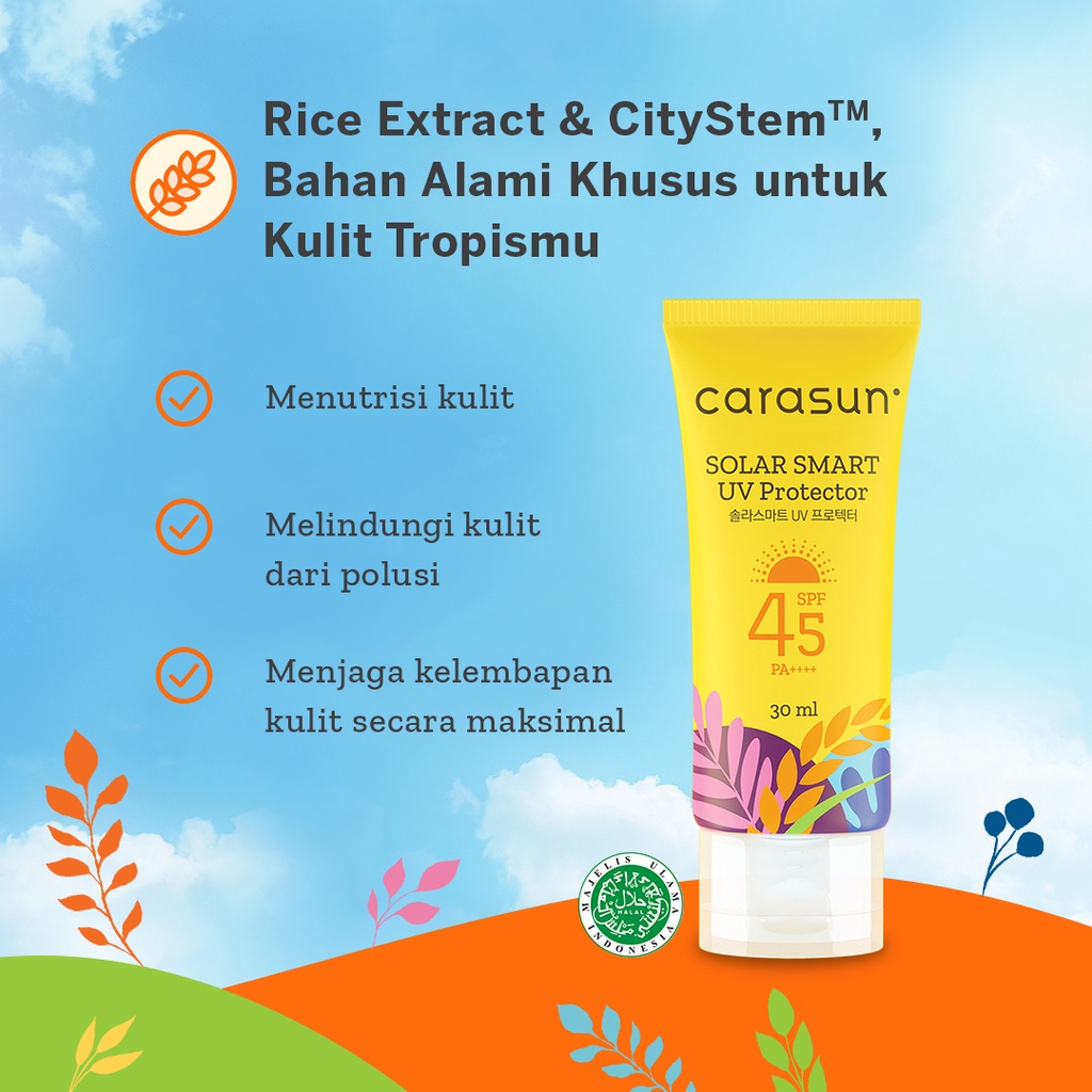 Carasun Solar Smart UV Protector SPF 45 PA++++ Sunscreen - Ukuran 30 ml (Sedang)  / 70 ml (Besar) / Sachet 8 ml (Travel) - BPOM Suncreen Sun Sunblok Sunblock Sun Blok Sun creen Suncren Sunscren Wajah