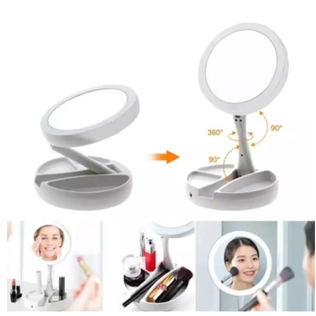 Mirror Double Sided LED Foldable Kaca Cermin Rias Make Up Lipat lampu-7