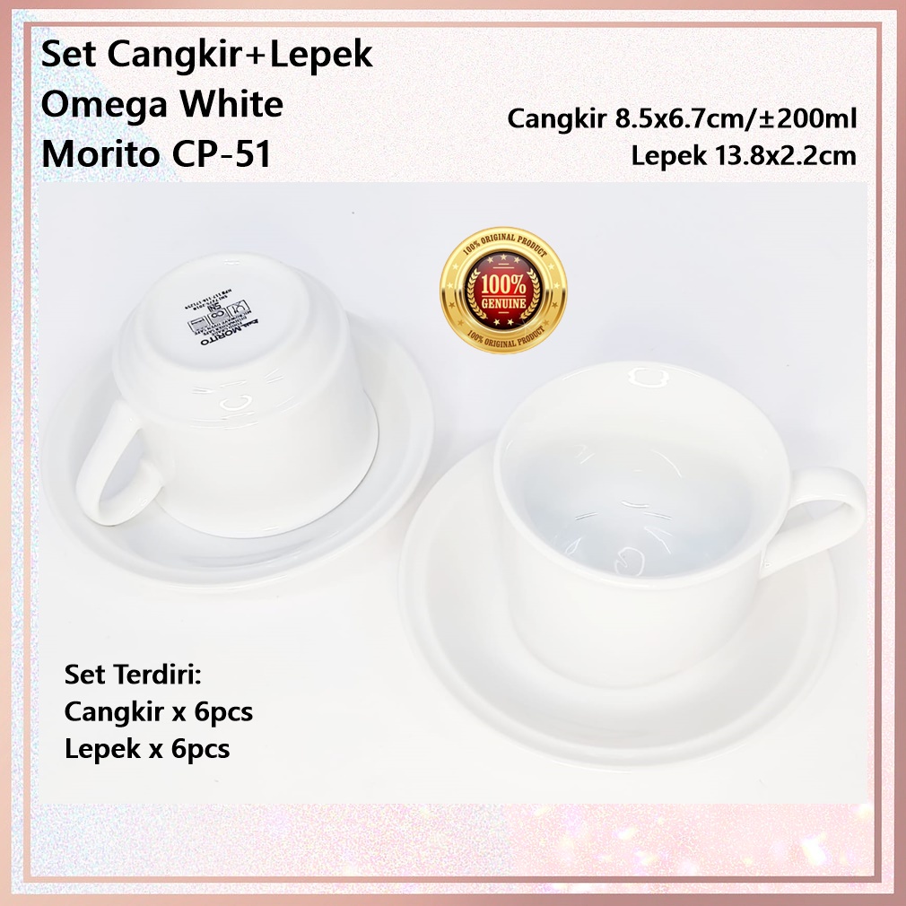 [Set 12pcs] Set Cangkir+Lepek Keramik Omega White Polos MORITO CP-51