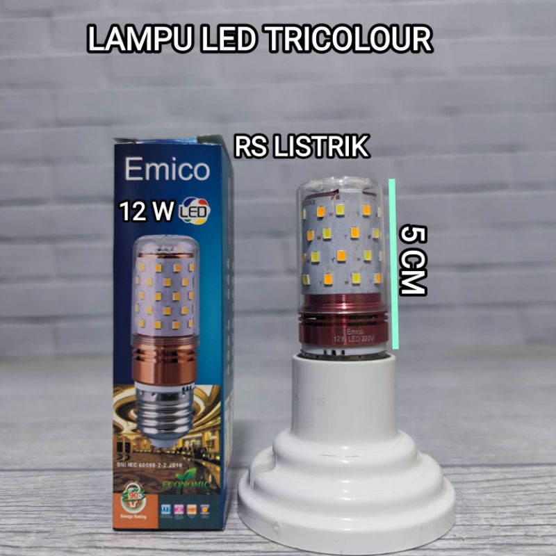 EMICO LAMPU CANDLE LED 12W TRICOLOUR PUTIH + WARM WHITE 3000K E27 TIGA WARNA