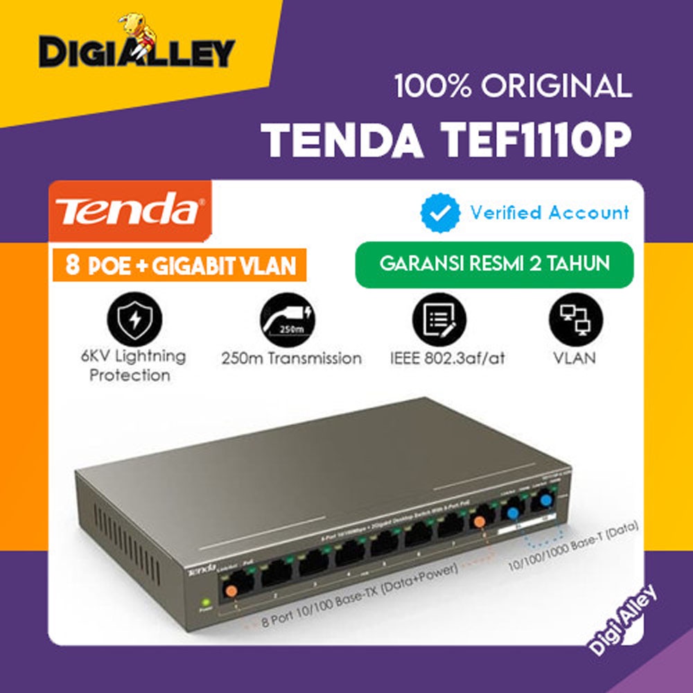 Tenda TEF1110P Dekstop Switch 8-Port 2 Gigabit POE VLAN Support 250M