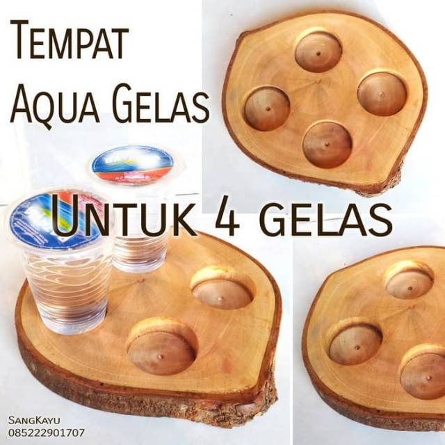 Nampan minuman gelas 4 lubang tempat aqua gelas wood tray Coaster kayu