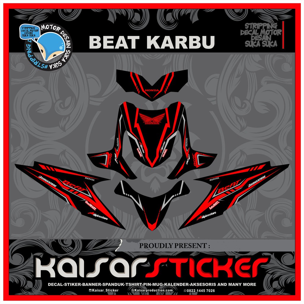 Sticker Motor Decal Motor Honda Beat Karbu Full Body Merah Strip