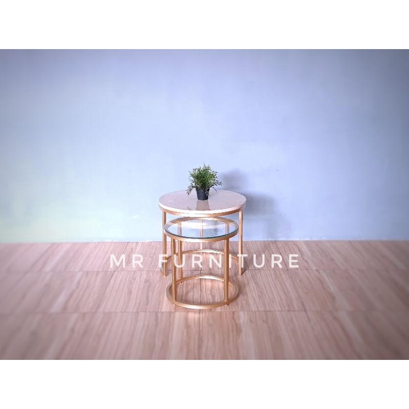 Meja Tamu Nesting Table Kombinasi Marmer dan Kaca Finishing Gold Terlaris-3