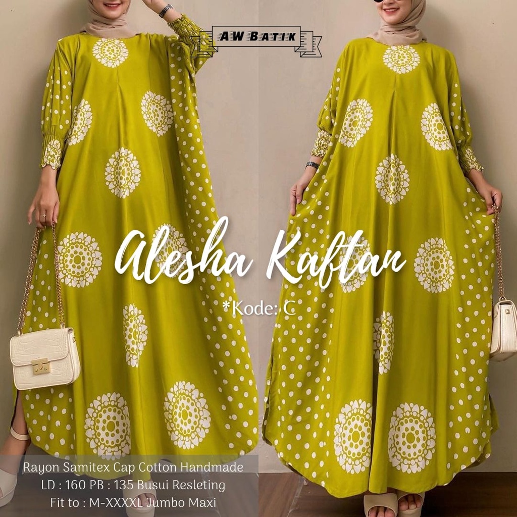 Batik A W - Alesha Kaftan Batik Wanita Jumbo XXXXL Motif Batik Cap Encim Soft Color Busui Resleting Lengan 3/4 Gamis Rayon Jumbo Kaftan Terbaru