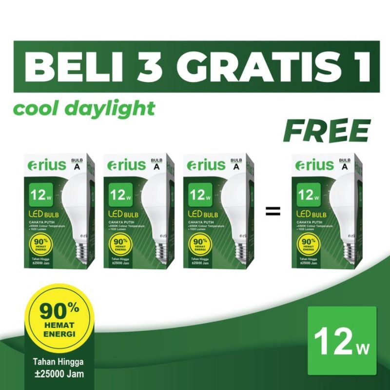 Arius Lampu/ Bohlam Led Bulb Hemat Energi 12 Watt 3 Free 1