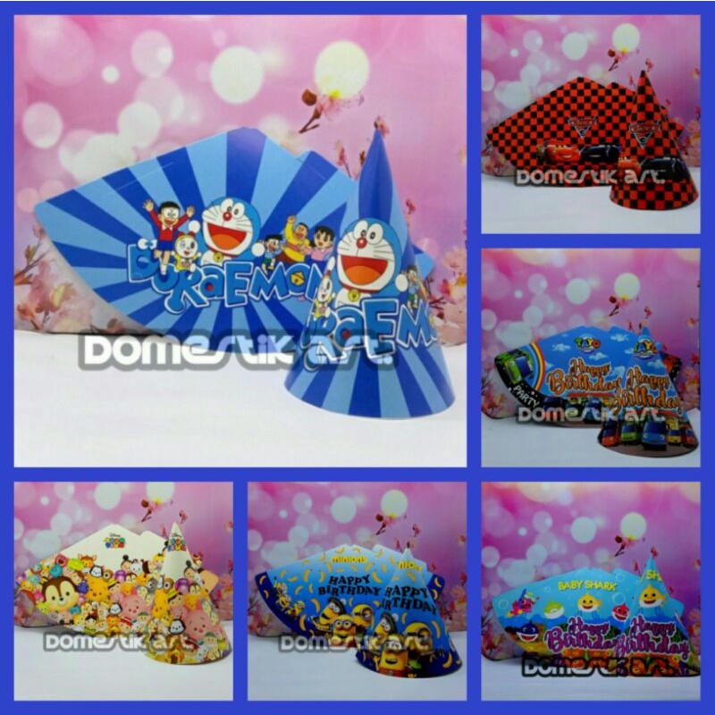 Topi KERUCUT Ulang Tahun Karakter (LK) / Topi Pesta anak / topi ultah kerucut / topi karakter murah 