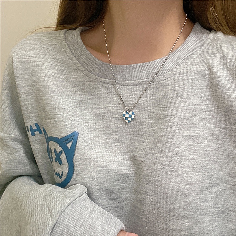 AY(CN) Kalung Rantai Choker Dengan Liontin Bentuk Hati Motif Kotak-Kotak Hitam Putih Biru Untuk Wanita