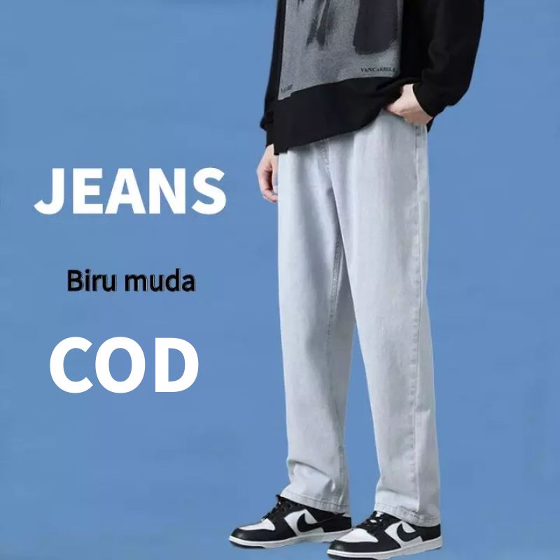 Celana jeans pria loose pants korea panjang standar loose jeans biru muda celana oversize pria kulot celana jeans cowok