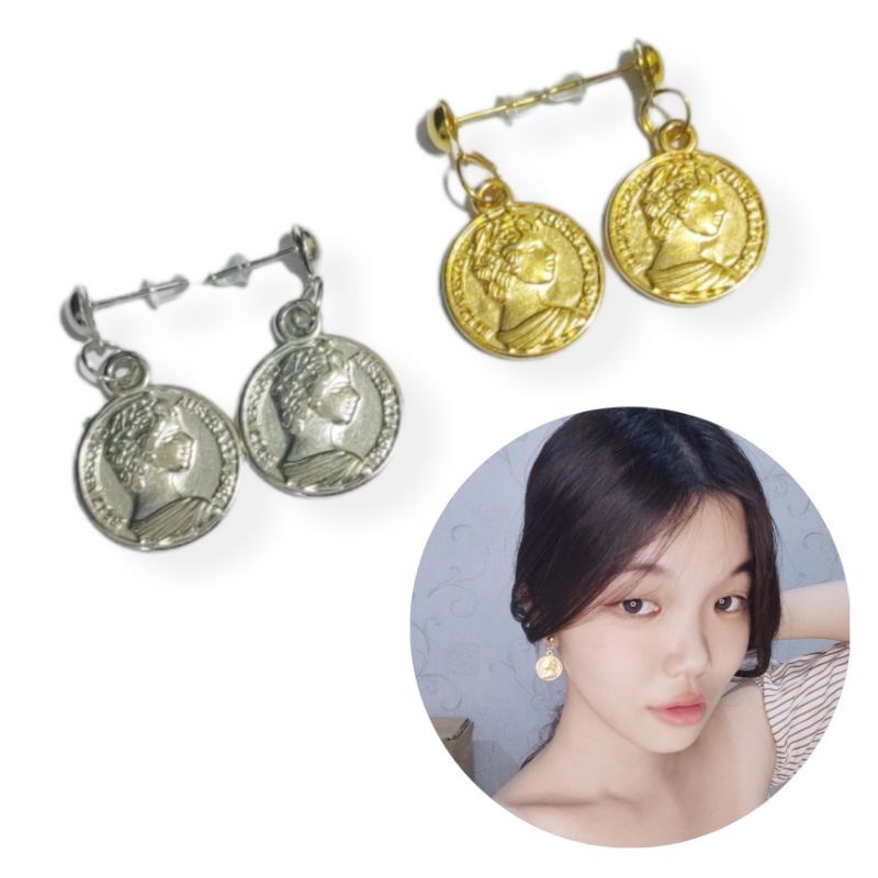 Anting Tusuk Elizabeth Coin Stud Earrings Liontin Koin