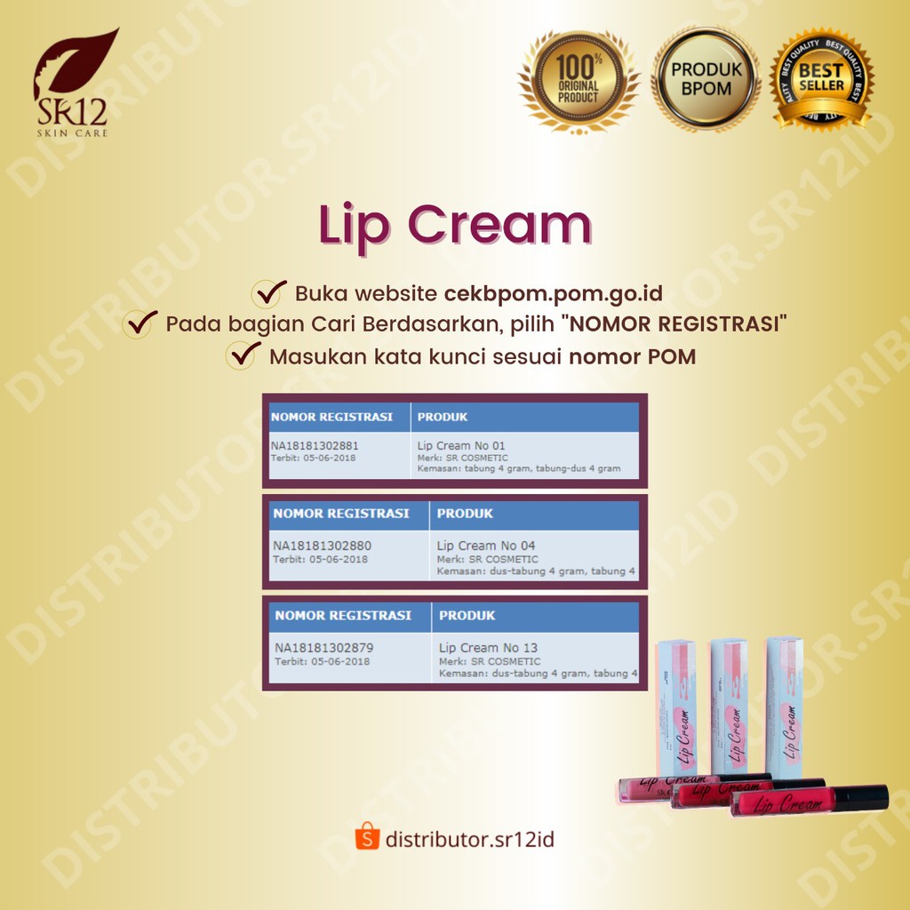 LIP CREAM 01 RED / LIPCREAM SR12 BPOM / BEBAS PARABEN MOIST LEMBUT DAN NYAMAN DI BIBIR