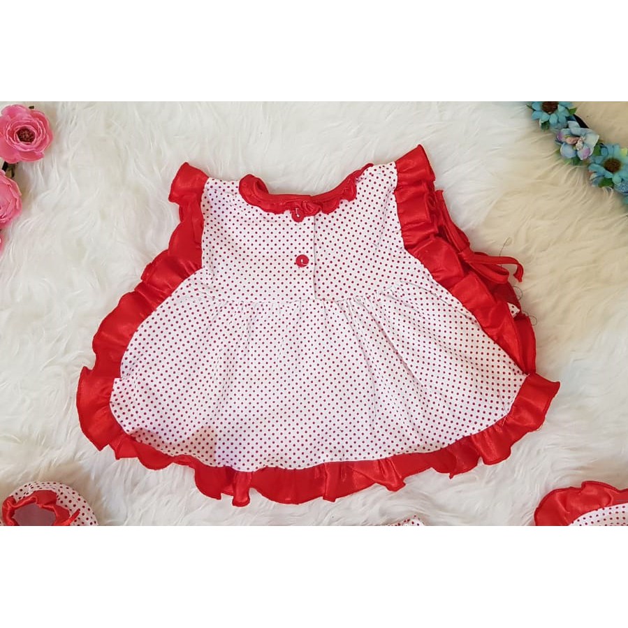 Set Bayi Dot Kecil 4in1/Setelan Baju Piyama Bayi 0-6 bln/Set Pakaian Baju Celana Sepatu Celemek Bayi