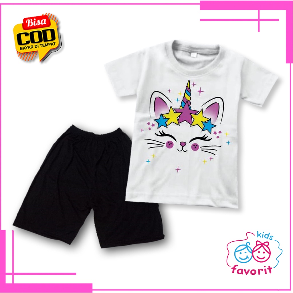 Favorit kids baju setelan lengan pendek anak perempuan motif kucing cute | Set anak cewek murah