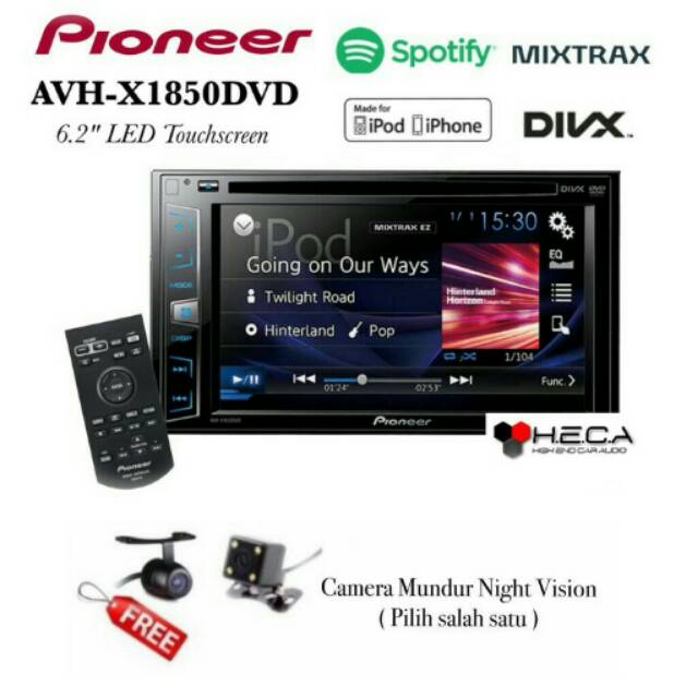 Paket Pioneer AVH-X1850DVD Head Unit Tape Audio Mobil DVD Double Din + Kamera Mundur Universal