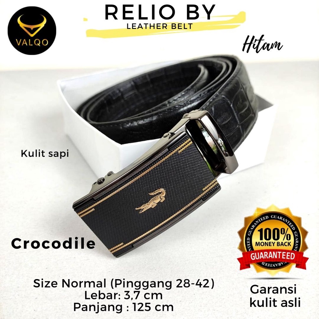 [VALQO] RELIO BY Hitam 125 cm Ikat Pinggang kulit Sapi Motif Buaya Gesper Premium Sabuk Pria Pinggang Normal