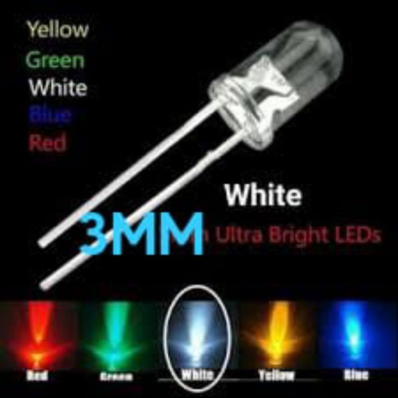 HARGA 10 PCS LED 3MM PUTIH NYALA BIRU MERAH KUNING HIJAU PUTIH