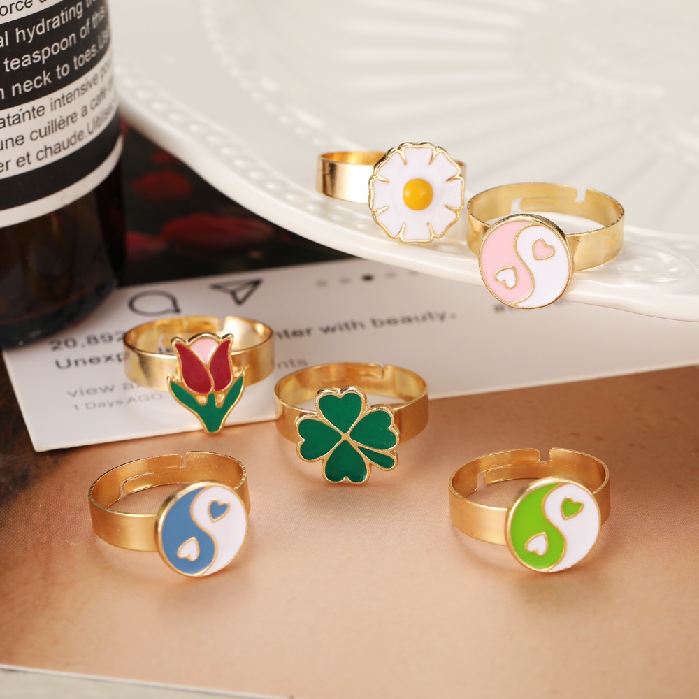 Cincin Bentuk Hati Bunga Geometris Warna-Warni Gaya Retro Untuk Wanita