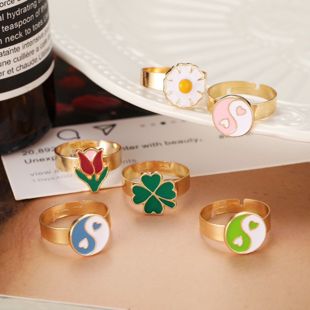 Fashion Colorful Gold Rings Retro Oil Dripping Ring Love Heart Flower Geometric Finger Ring Women Jewelry Accessories