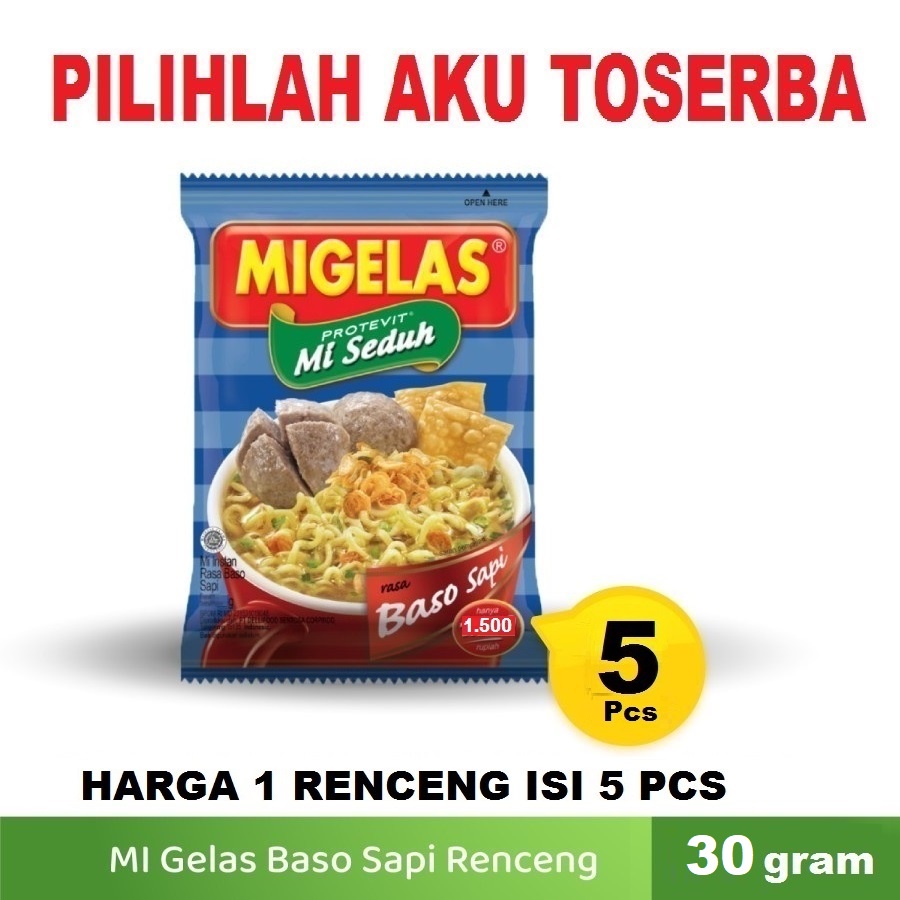 Mie Gelas Migelas Rasa Baso Sapi @30 Gr - (HARGA 1 Renceng isi 5 Pcs)