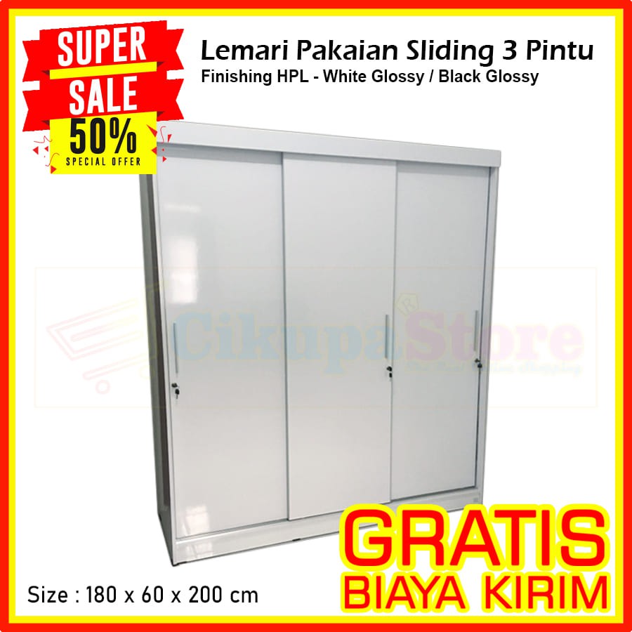 Lemari Pakaian 3 Pintu Sliding Finishing HPL - Putih Glossy (Tag: Lemari Baju, Swing, Duco, 2 Pintu)