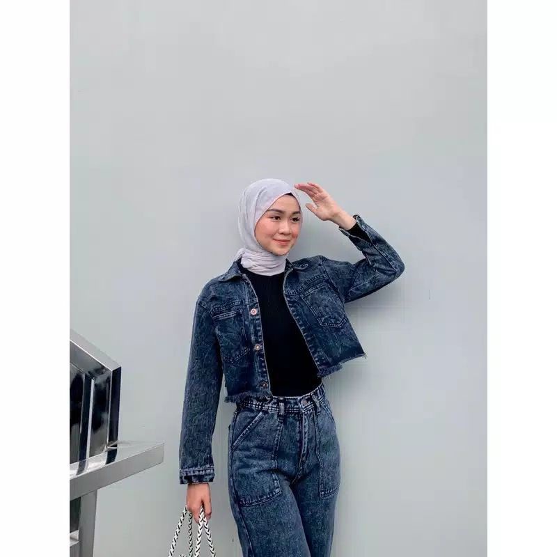 JAKET JEANS CROP RAWIS WANITA/JAKET JEANS CEWE