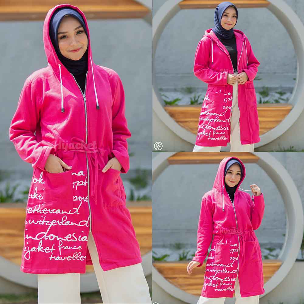 Jaket Jacket Panjang Wanita Cewek Hoodie Muslimah Hijaber Remaja Dewasa Terbaru Kekinian Hijacket UB-Pink