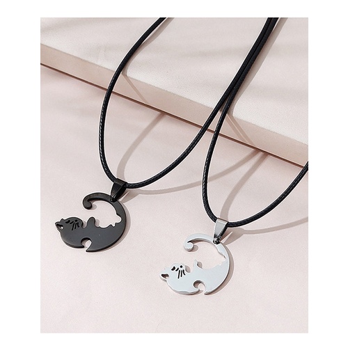 LRC Kalung Fashion Black+silver Color Cat Necklace Set Y65670