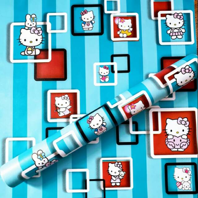 Wallpaper dinding kamar anak karakter hello kitty warna biru kotak hitam putih