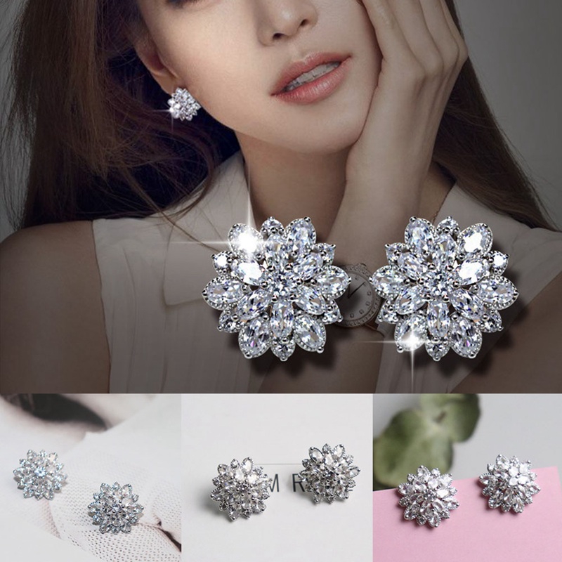 Anting Sterling Silver 925 Bentuk Snowflake Hias Permata Berlian Imitasi AAA CZ untuk Wanita