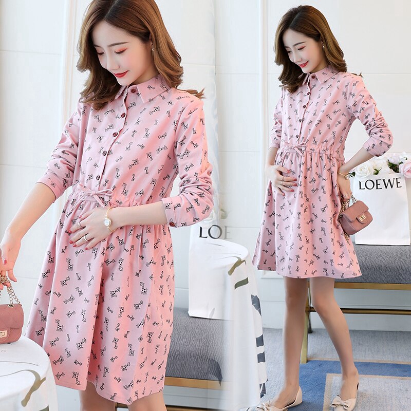 Dress Model  Lengan  Panjang  Kancing Satu Baris Motif Print 