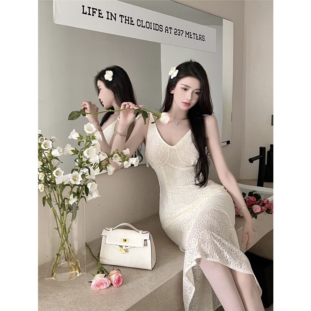 Suhao beige v-neck suspender dress wanita musim panas lembut angin pinggang mid-length high-end pake