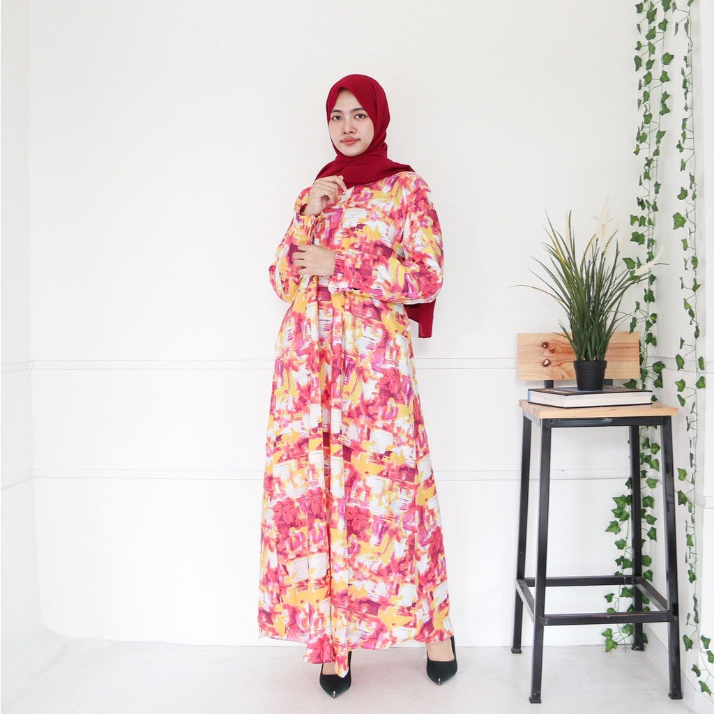 IZANY GAMIS / Dress Muslim XXL Jumbo Lengan Kancing Banyak Motif-LAUREL ORANGE