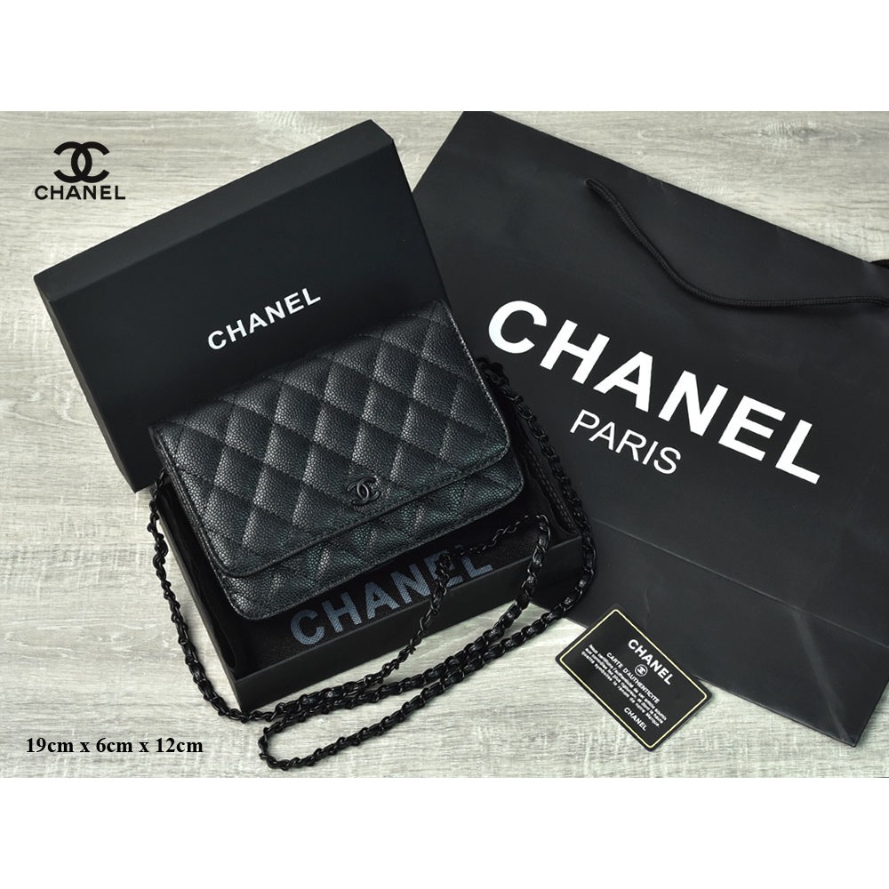 Clutch Chanel WOC Flap Classic So Black Caviar Quilted Hitam