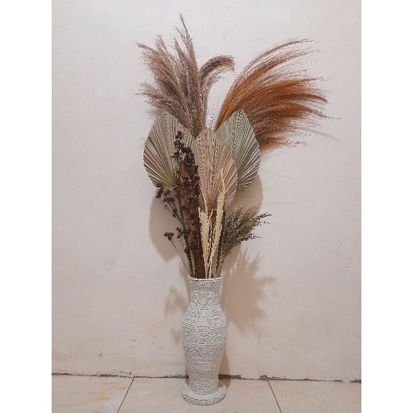 Paket Lengkap bunga kering / Vas Guci Tinggi 40cm+ Daun Palem+ Pampas Natural/ Dekorasi rustic