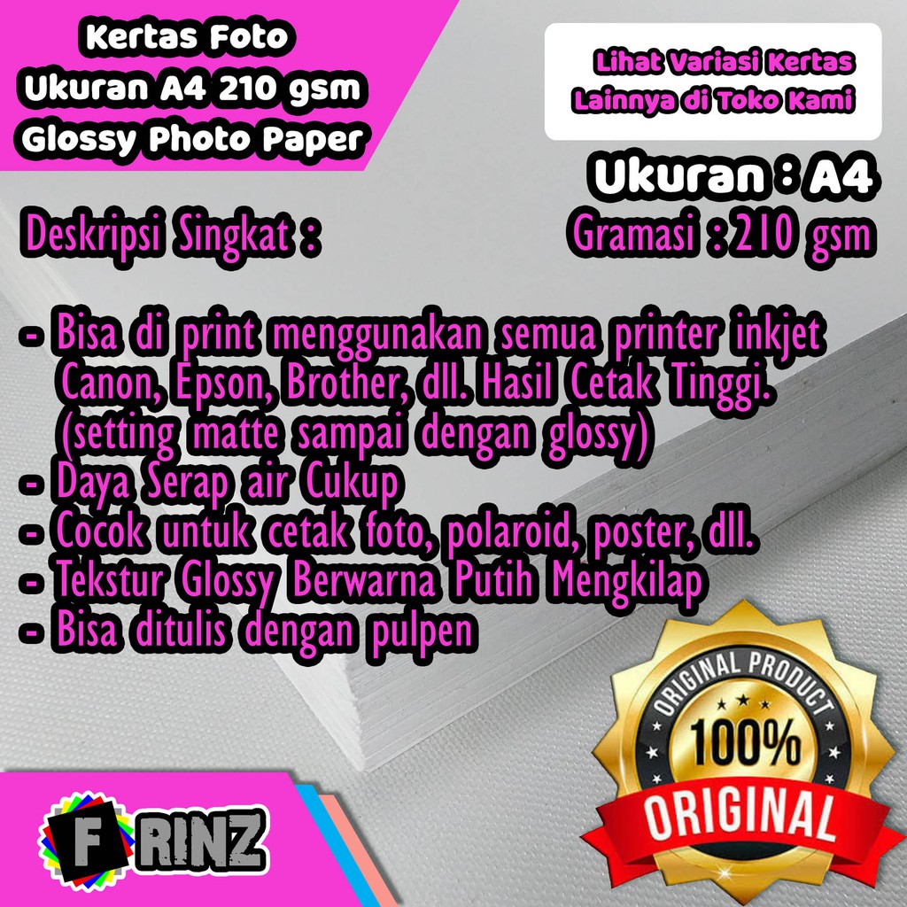 

Kertas Foto Inkjet Glosy 210 Gram Ukuran A4 A5 A6 / Glossy Photo Paper Tebal 210 Gsm