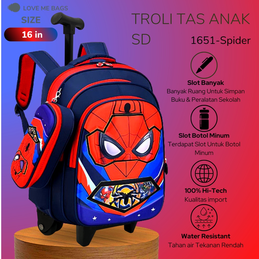 LMB Tas Troli Anak Laki Laki Sekolah SD Ransel Import Premium Karakter Gambar Superhero Timbul 6D Roda Dorong